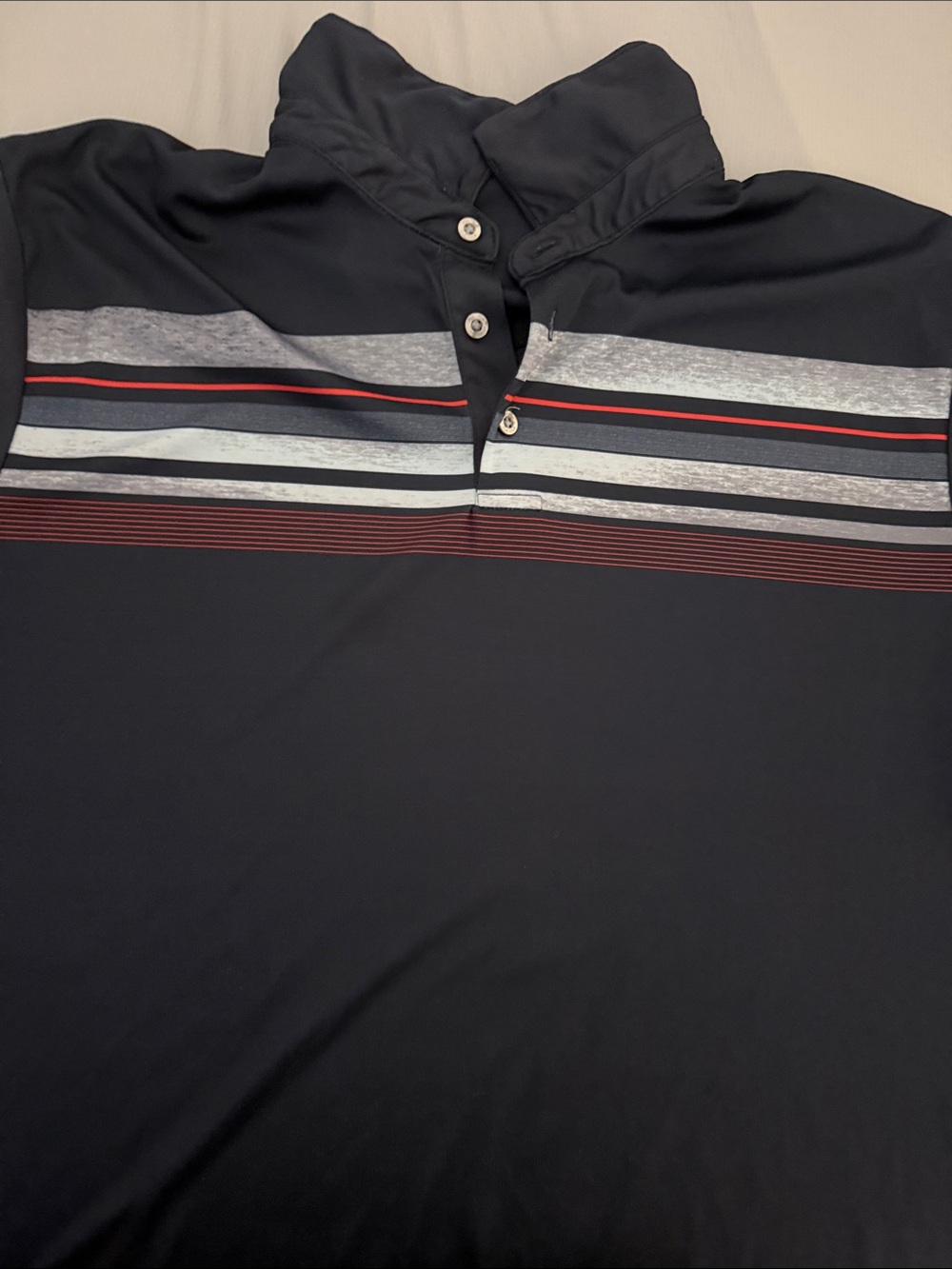 PGA Tour Navy Polo with Gray and Red Stripe Detail